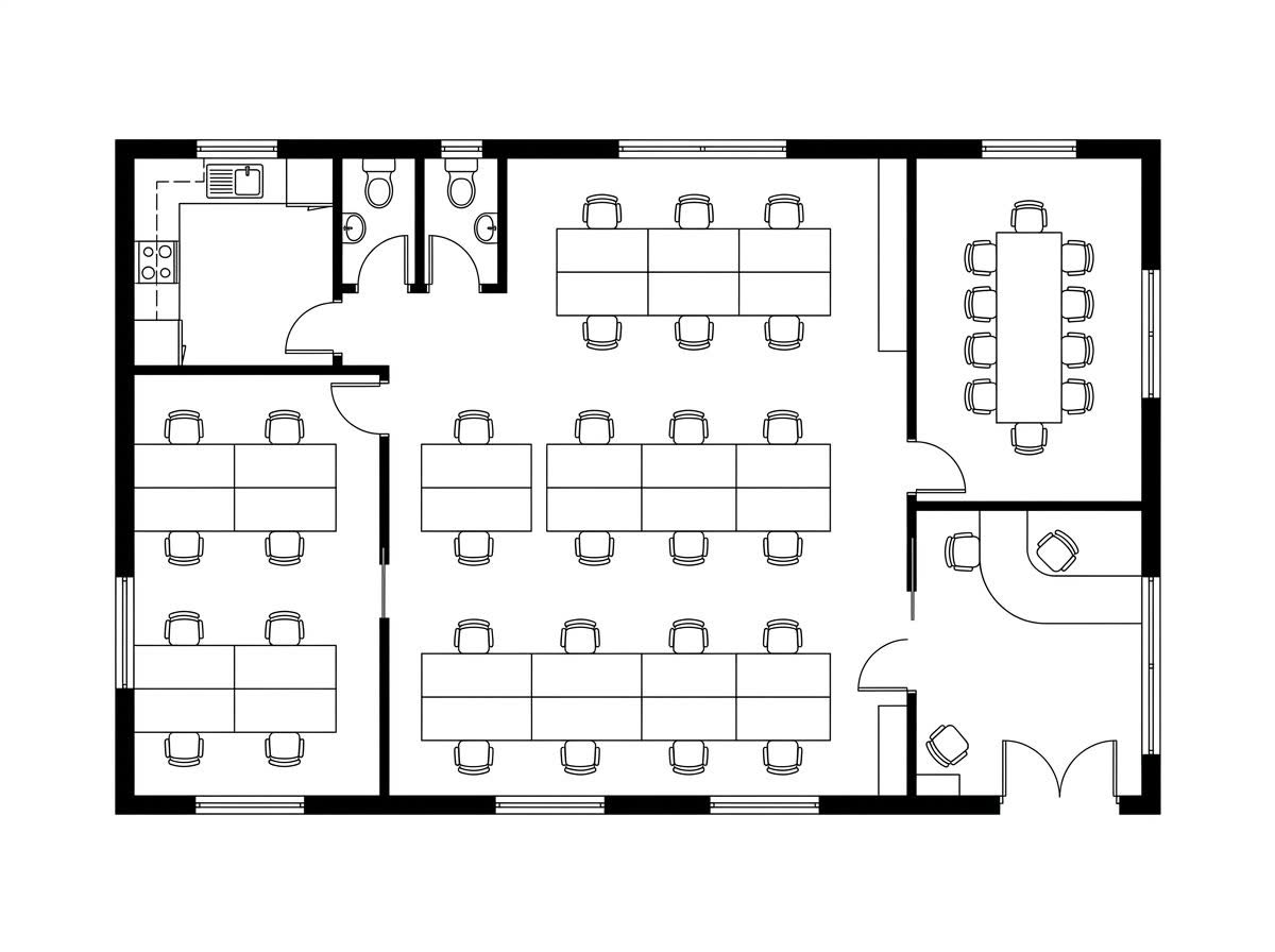 A 2D small office floor plan with reception and a meeting room