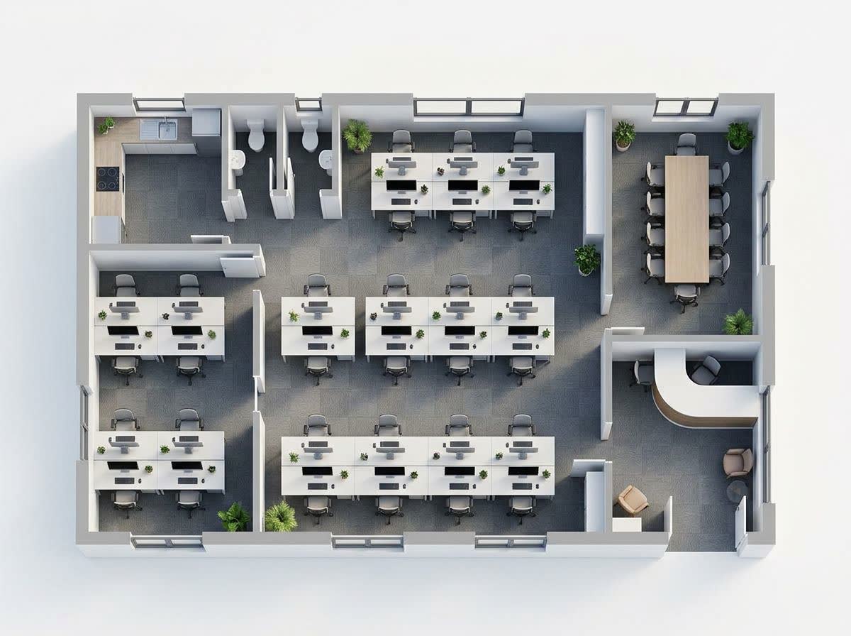 The same small office plan rendered in 3D