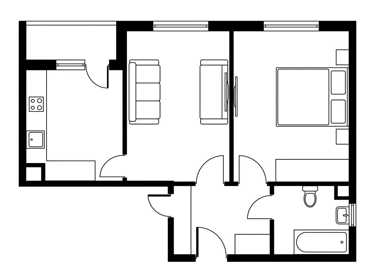 A 2D one-bedroom apartment floor plan