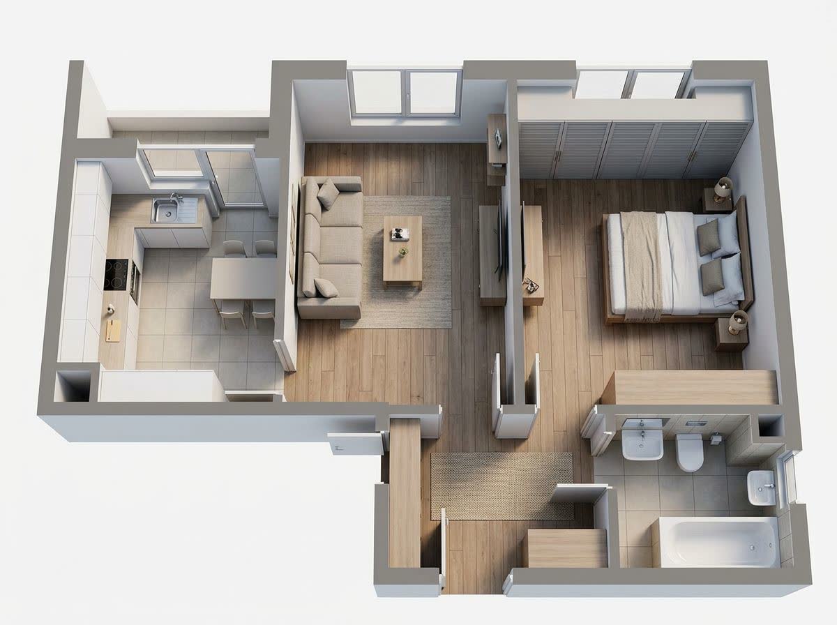 The same one-bedroom plan rendered in 3D