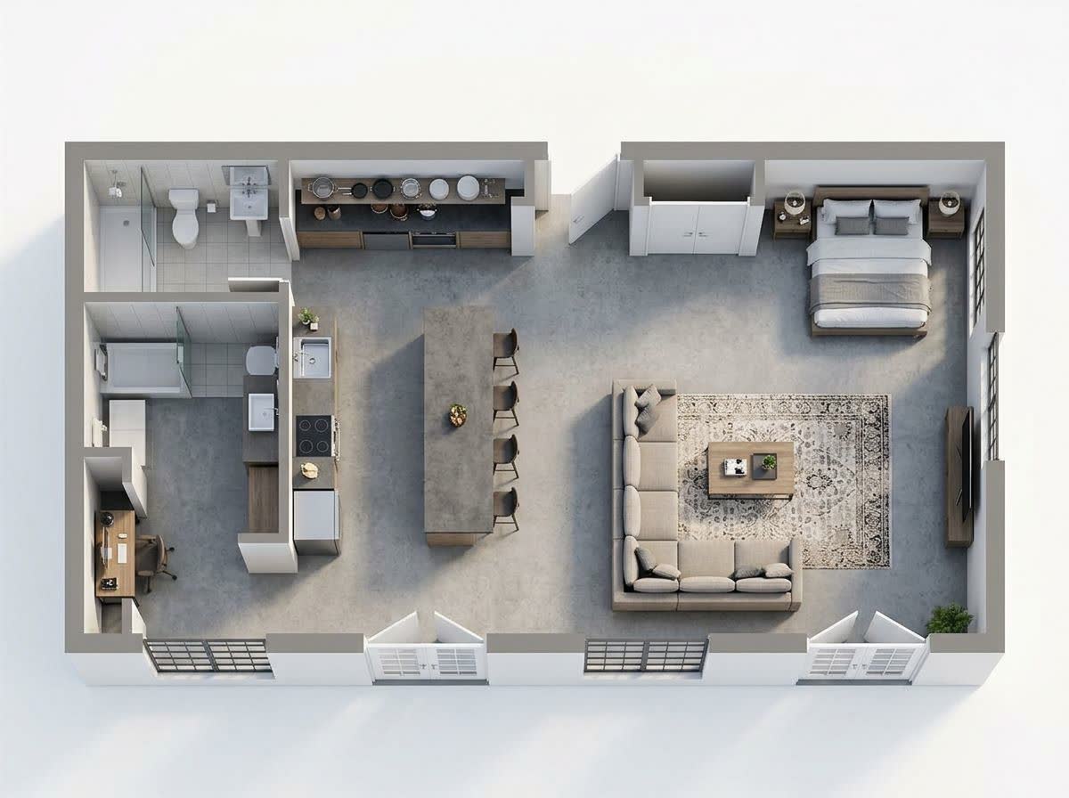 The same open-plan loft rendered in 3D