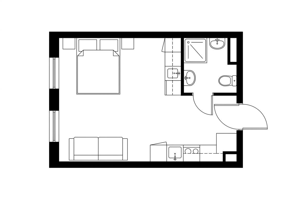 A 2D studio apartment floor plan