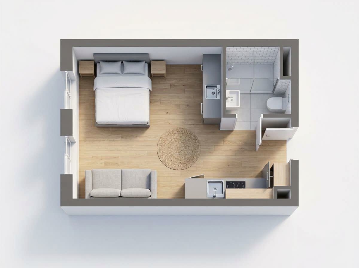 The same studio apartment plan rendered in 3D
