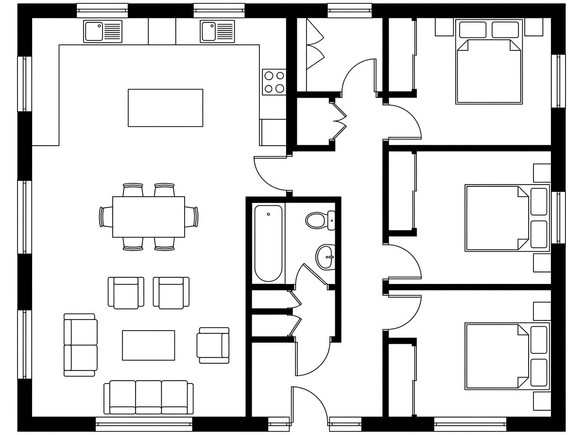 A 2D three-bedroom house floor plan with an open kitchen, dining and living area
