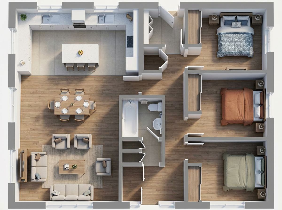 The same three-bedroom house plan rendered in 3D, a bed in each of the three bedrooms