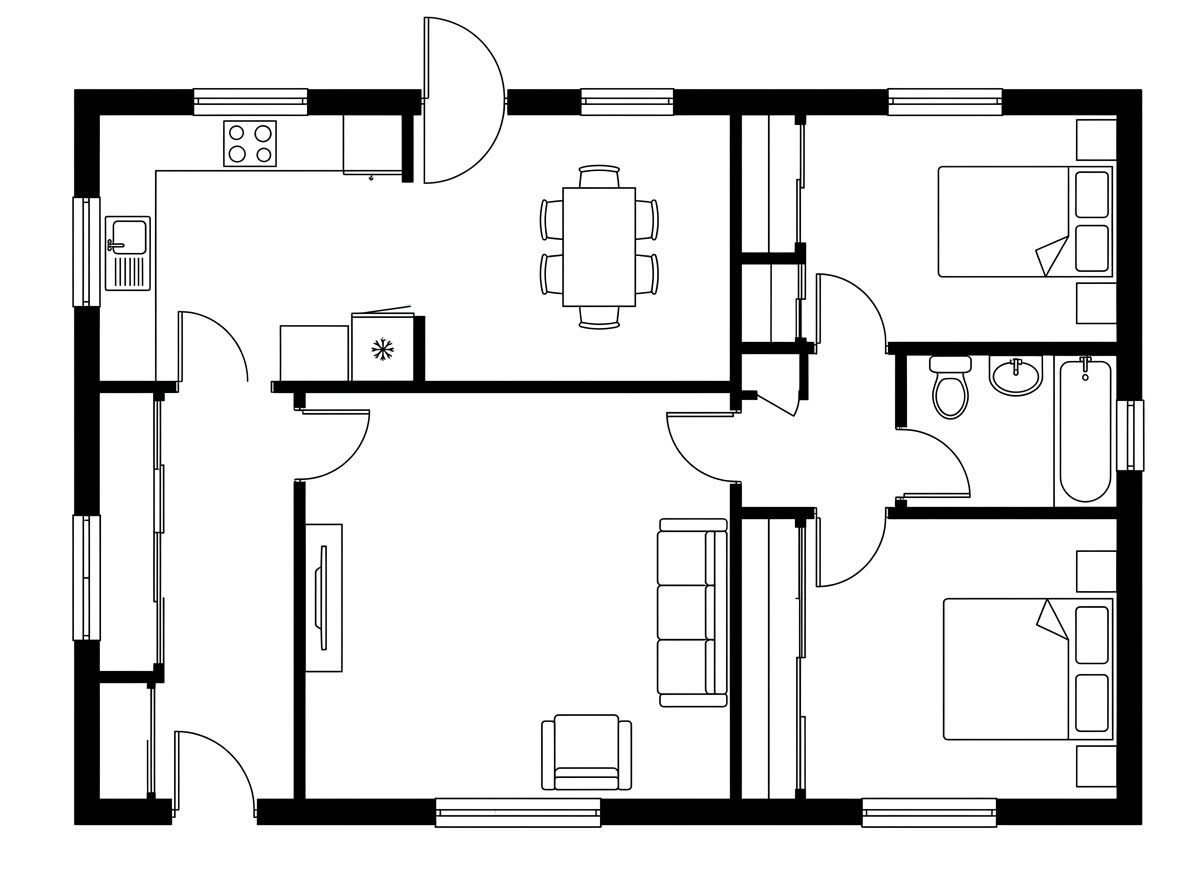 A 2D two-bedroom single storey floor plan