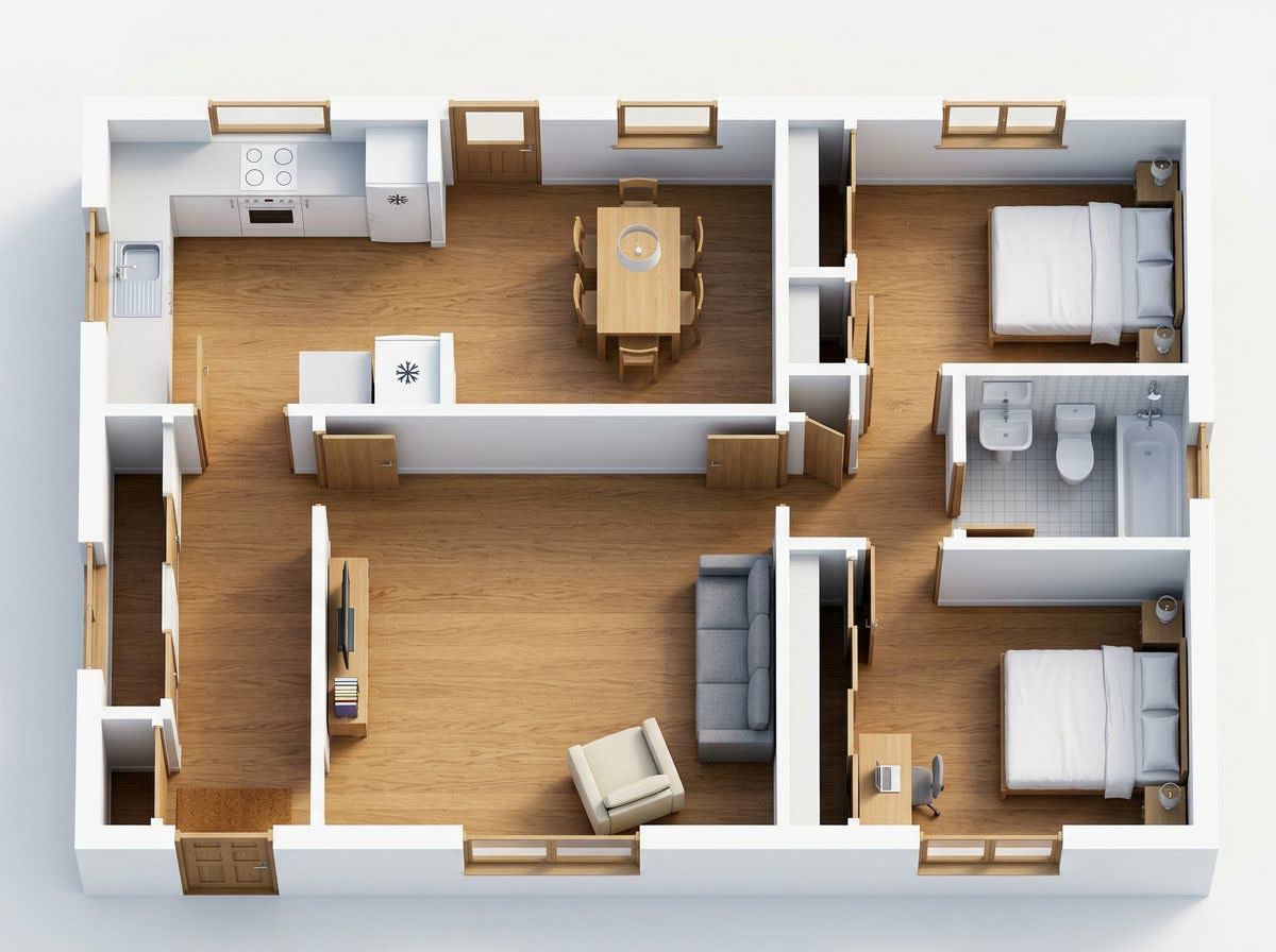 The same two-bedroom plan rendered in 3D