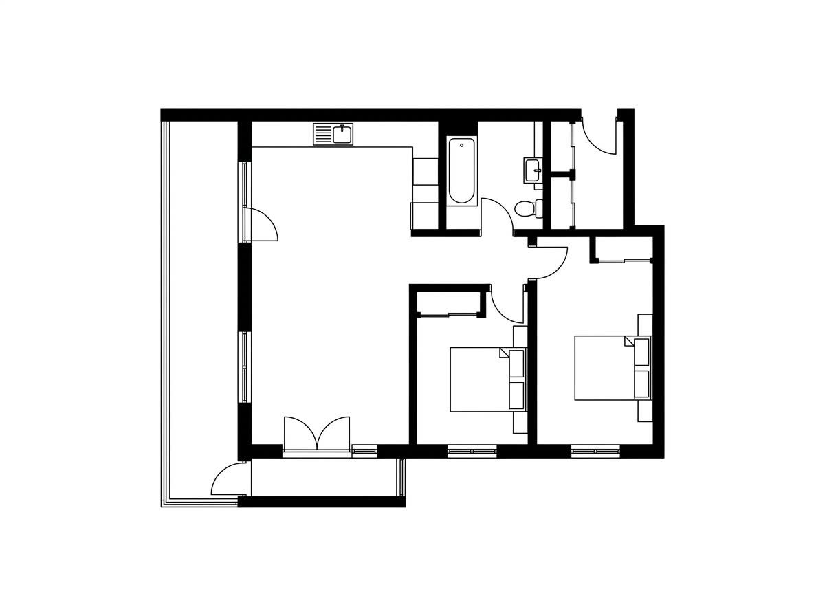 A flat 2D floor plan of a two-bedroom apartment