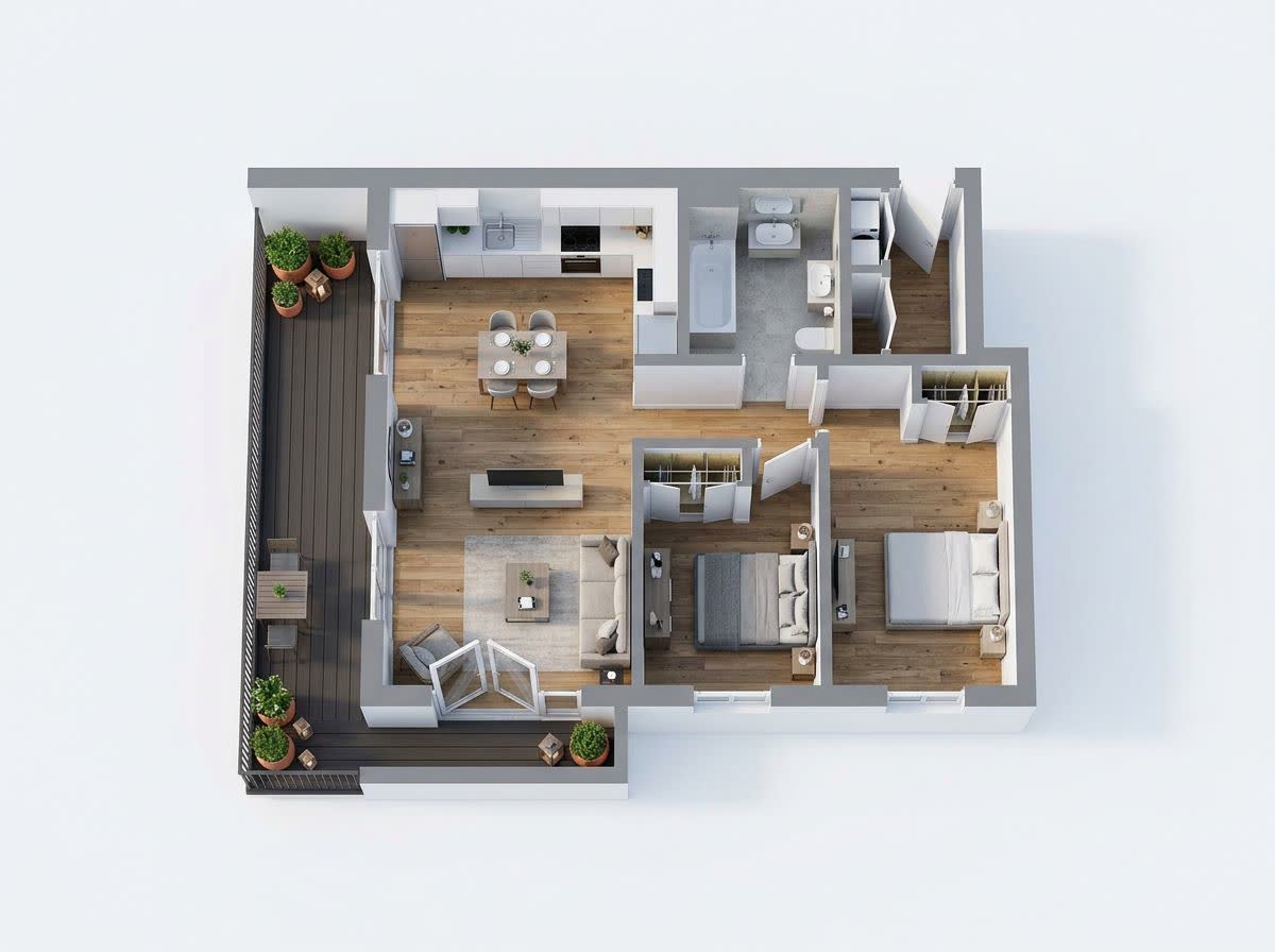 The same two-bedroom plan as a furnished 3D floor plan