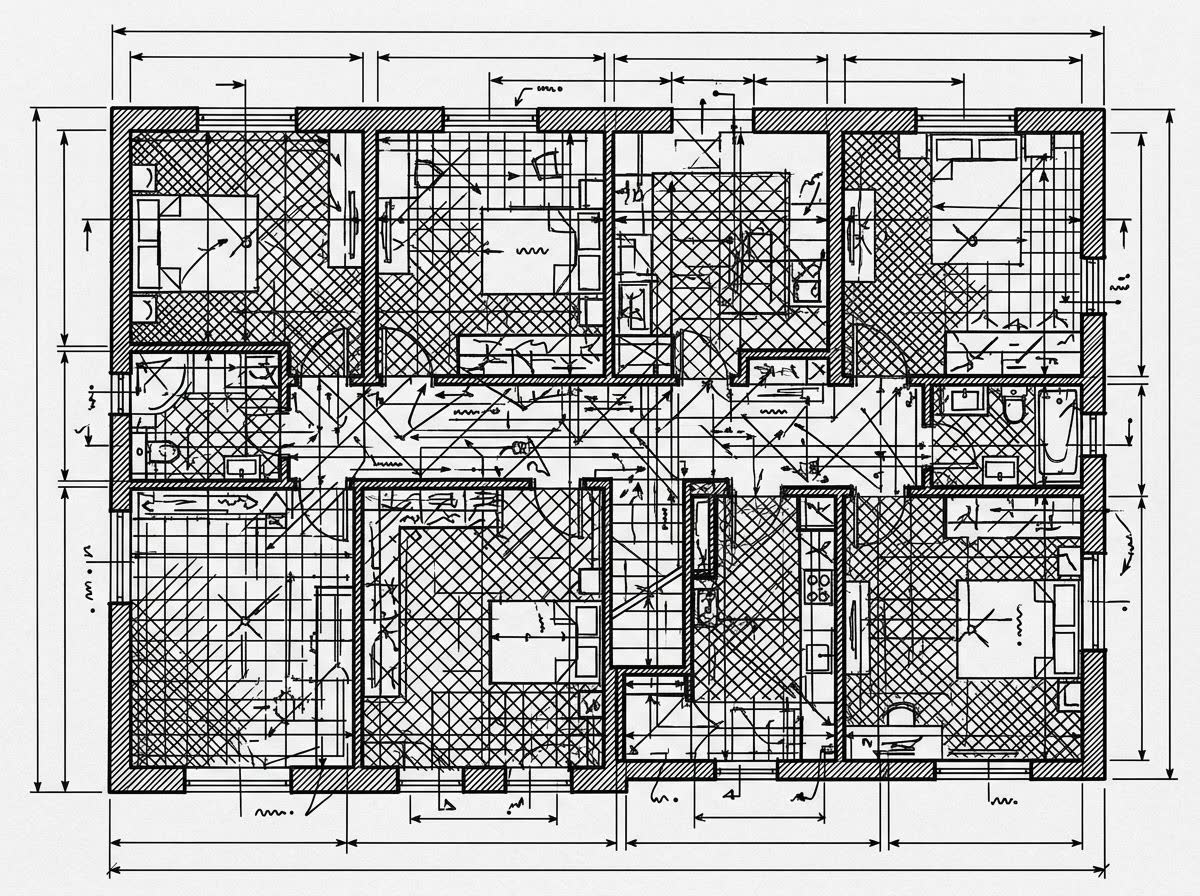 A floor plan crowded with dimension lines, hatching and small annotations