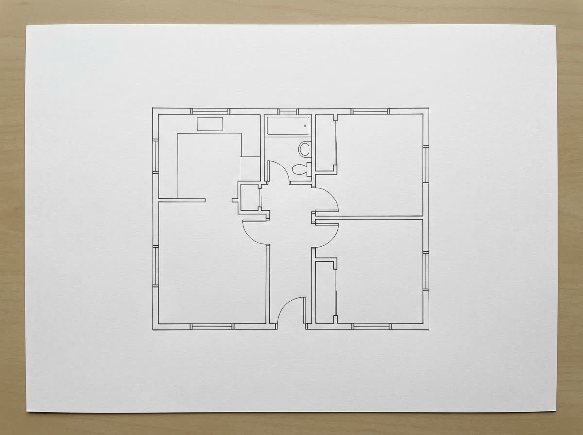 A neat hand-drawn pencil floor plan photographed flat on white paper