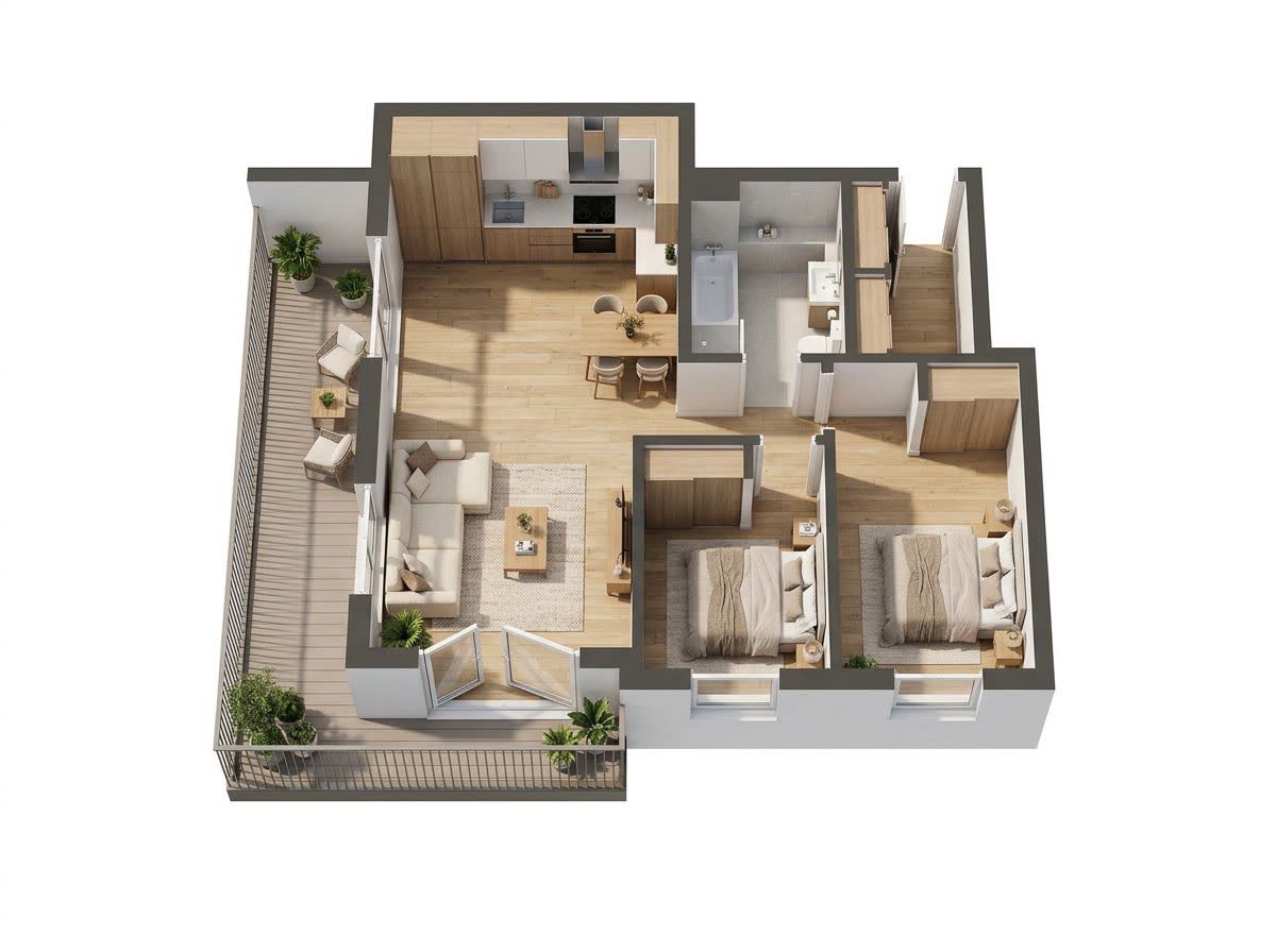 A furnished 3D floor plan with the Magic Redesign prompt box over it