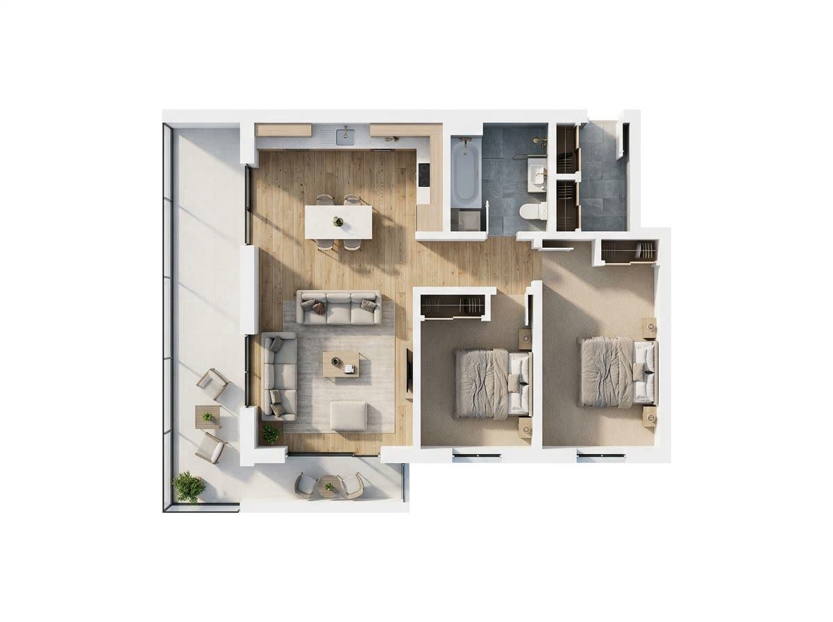 A top-down furnished 3D floor plan with textures and furniture