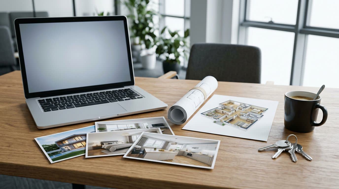 A desk with printed listing photos and a 3D floor plan print