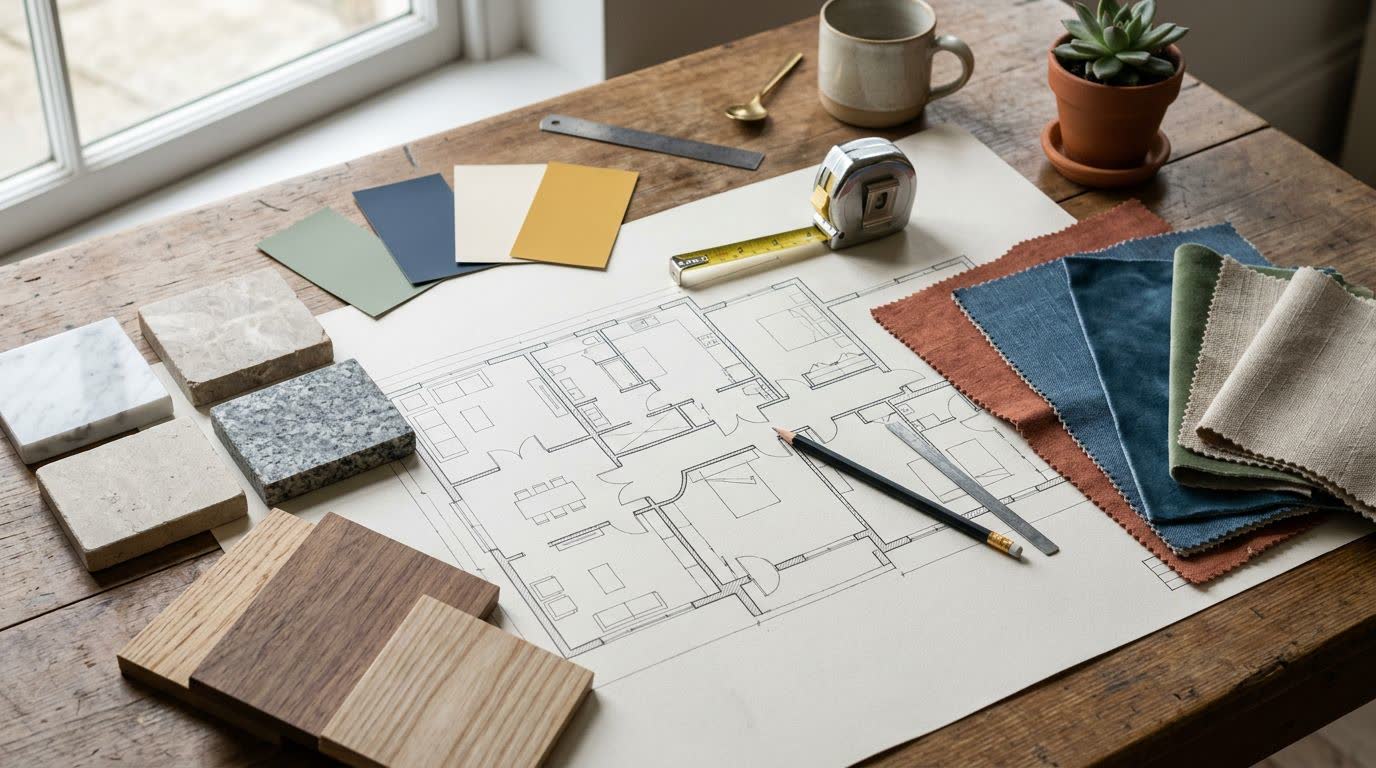 An interior designer's desk with material samples and a plan print