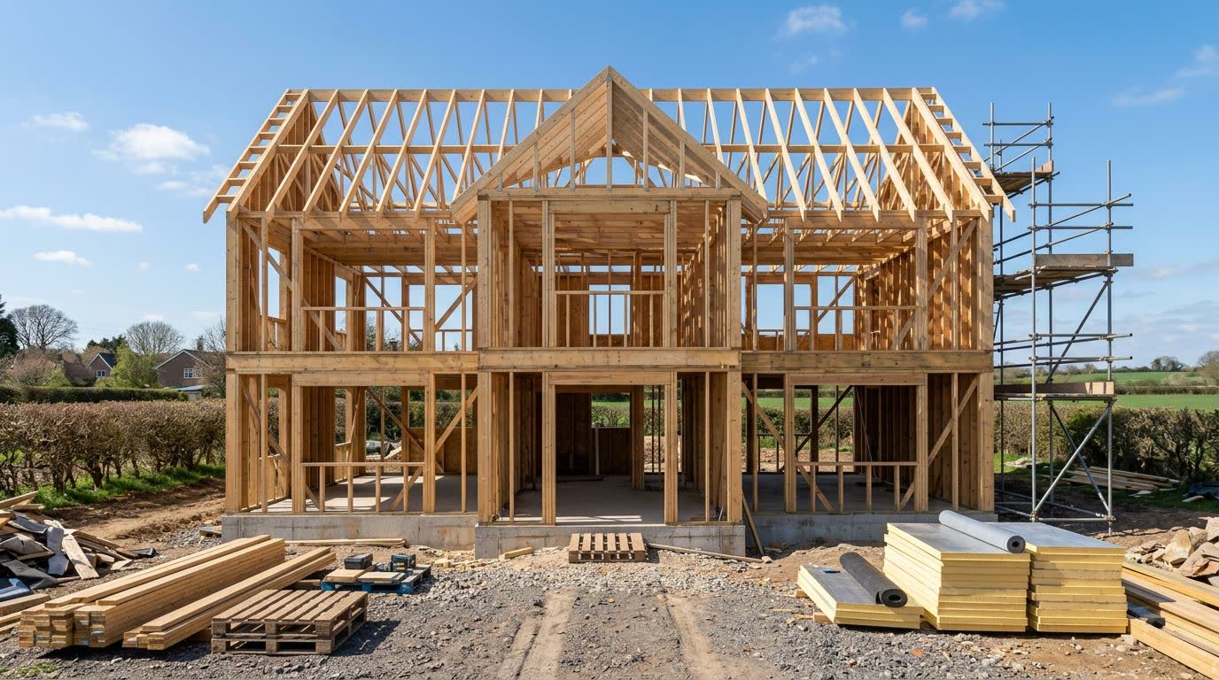 A new-build house at framing stage on a construction site