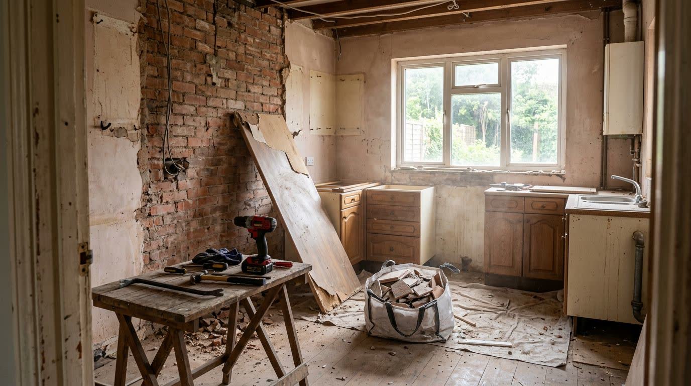A partially renovated kitchen mid-demolition with tools and dust