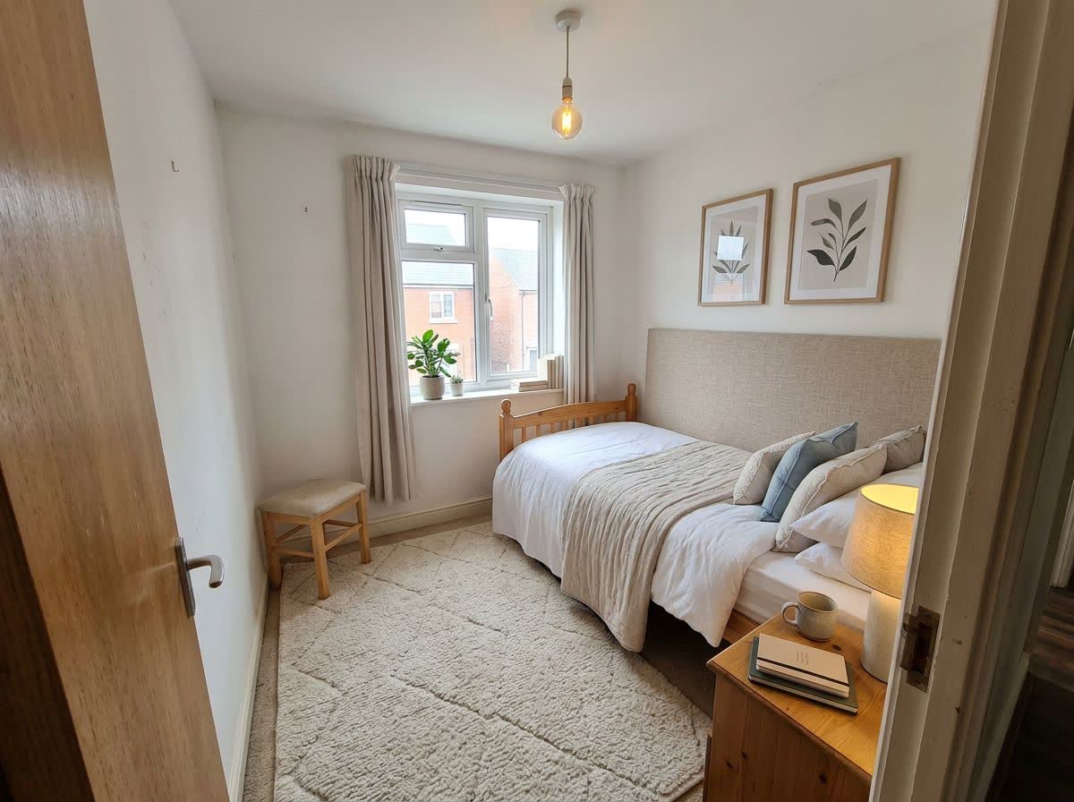 The same rental bedroom decorated with bedding, a rug, lamps and art