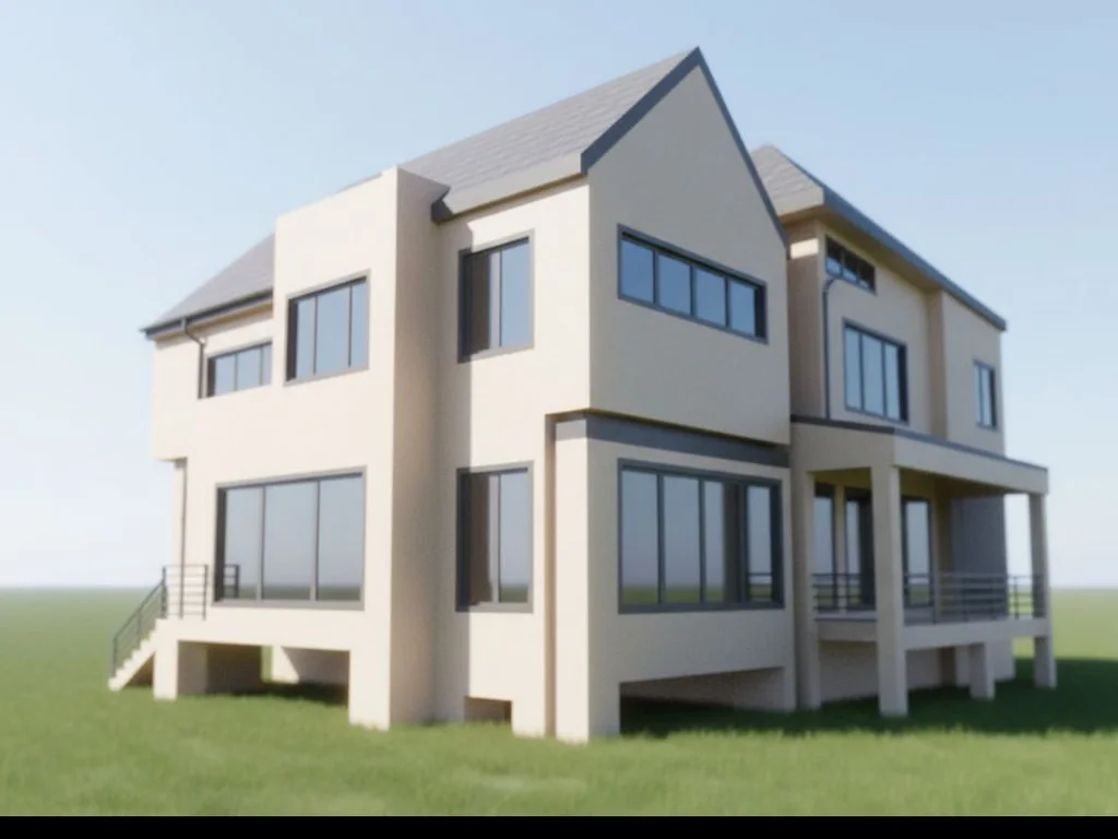 A generic AI render that changed the architect's design: pitched roofs added to a flat-roof house, an extra storey, balconies missing