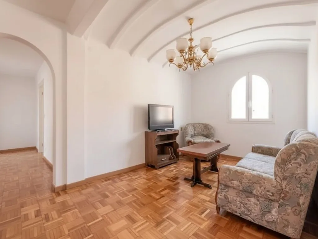 An AI-generated living room where the AI rebuilt the architecture: the client's oak door replaced by an archway, the ceiling turned vaulted and the window moved and reshaped