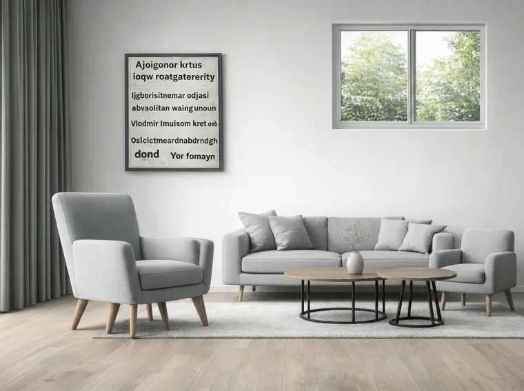 An AI-generated living room that came out wrong, with gibberish text on a wall poster and two coffee tables cloned and clipping into each other