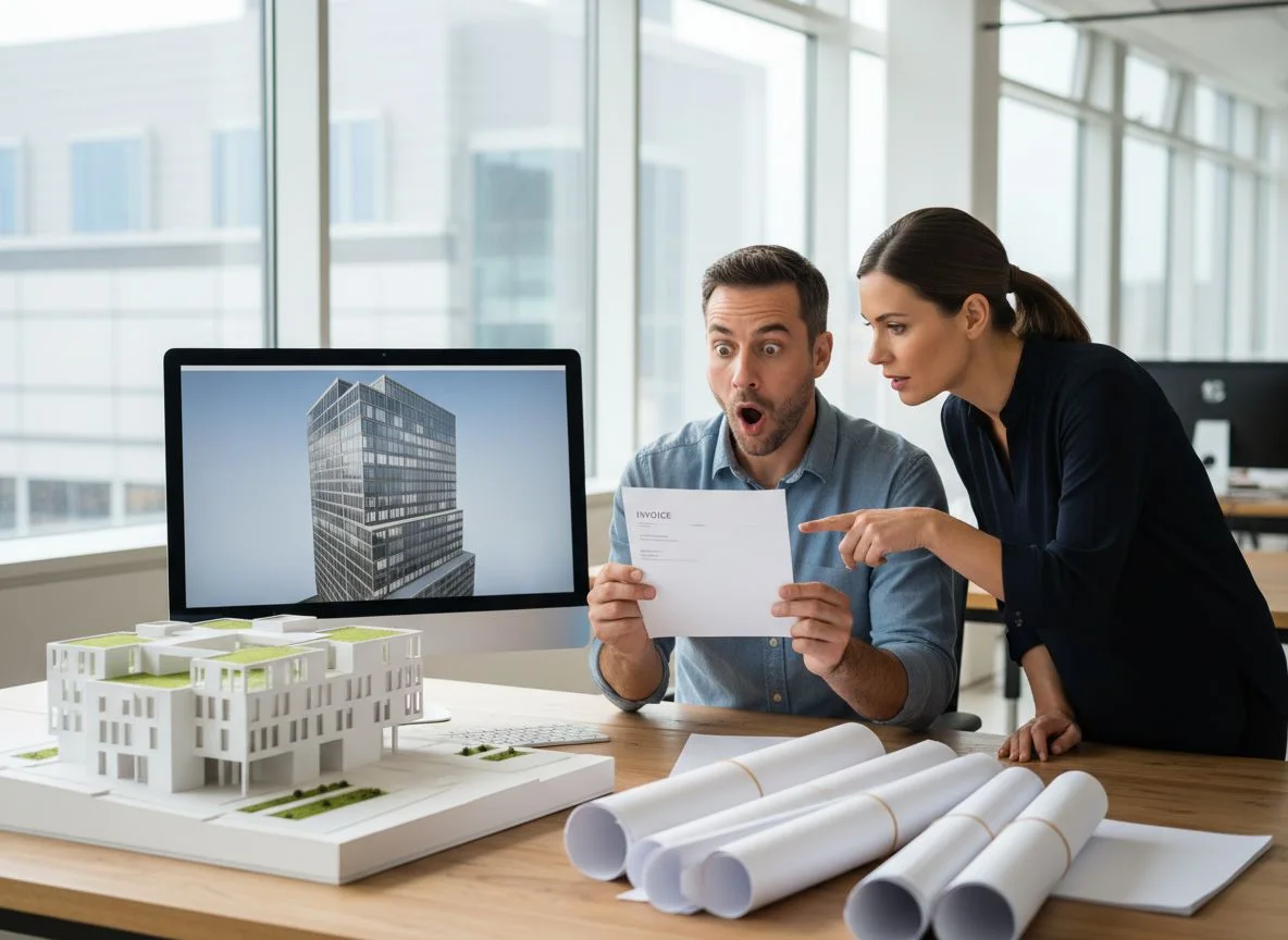 An architect reacts in shock at a rendering studio invoice, drawings and a scale model on the desk