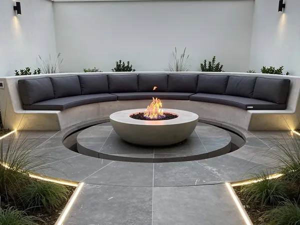 Backyard after AI redesign with fire pit