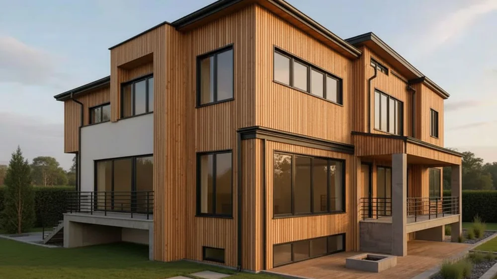 Your design restyled in the reference's timber materiality, massing and openings unchanged