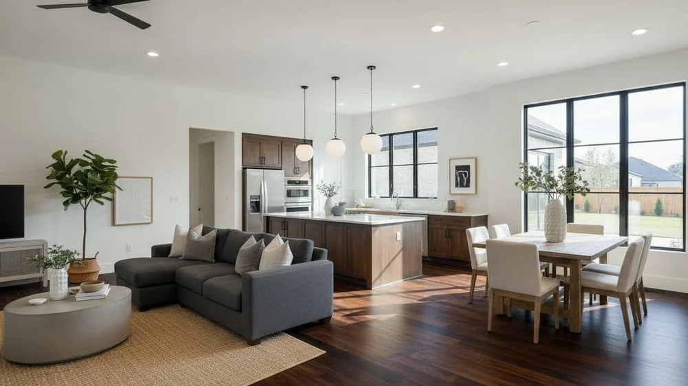 Your unit restyled in the reference's dark walnut look, walls and windows unchanged