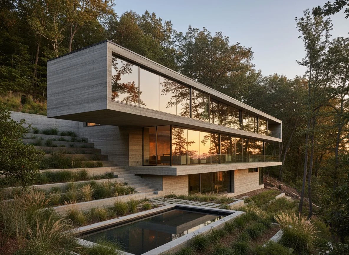 The same massing rendered as a photoreal concrete and glass house with HomeDesignsAI