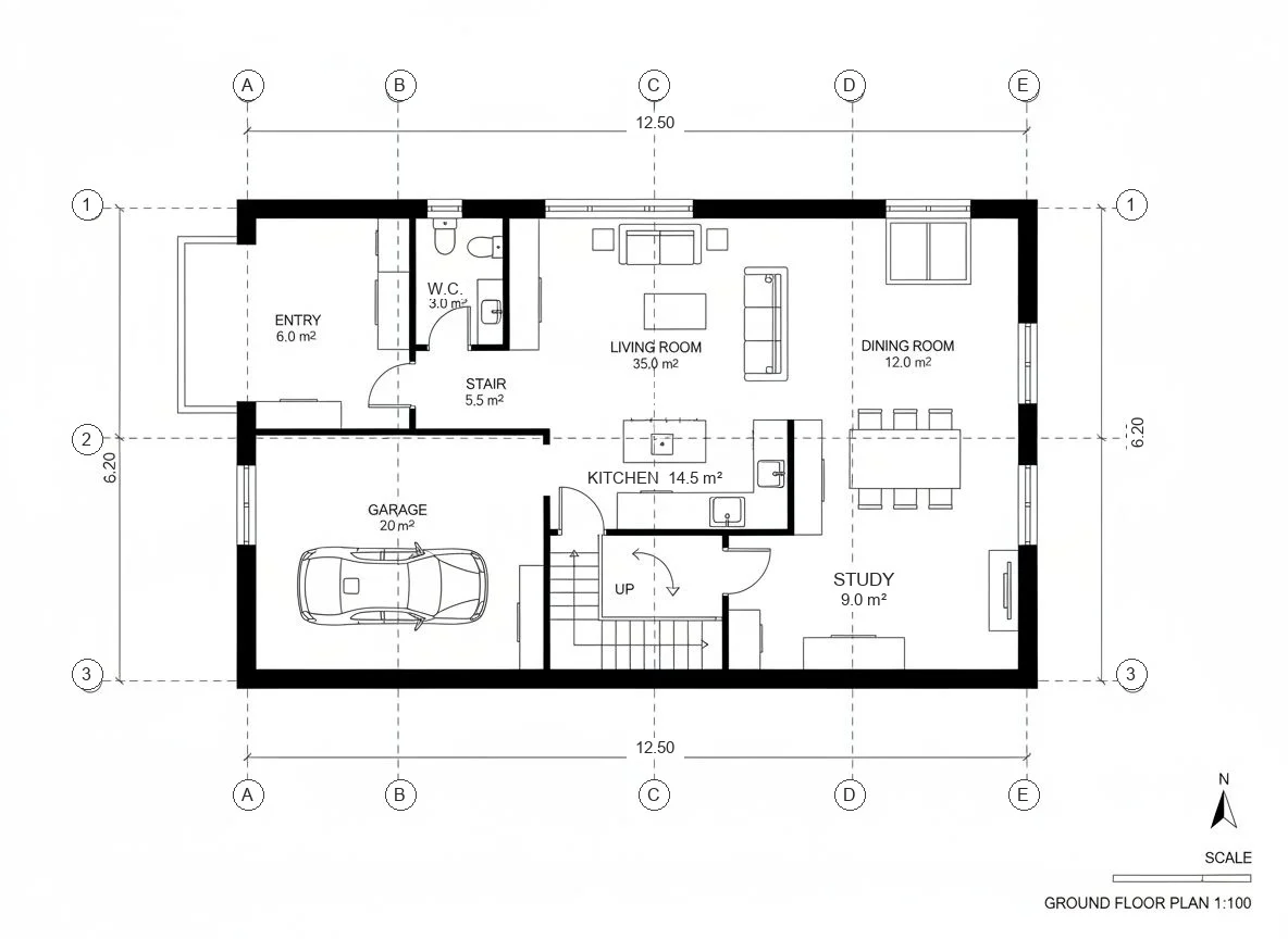 A 2D architectural ground floor plan with column grid and dimensions