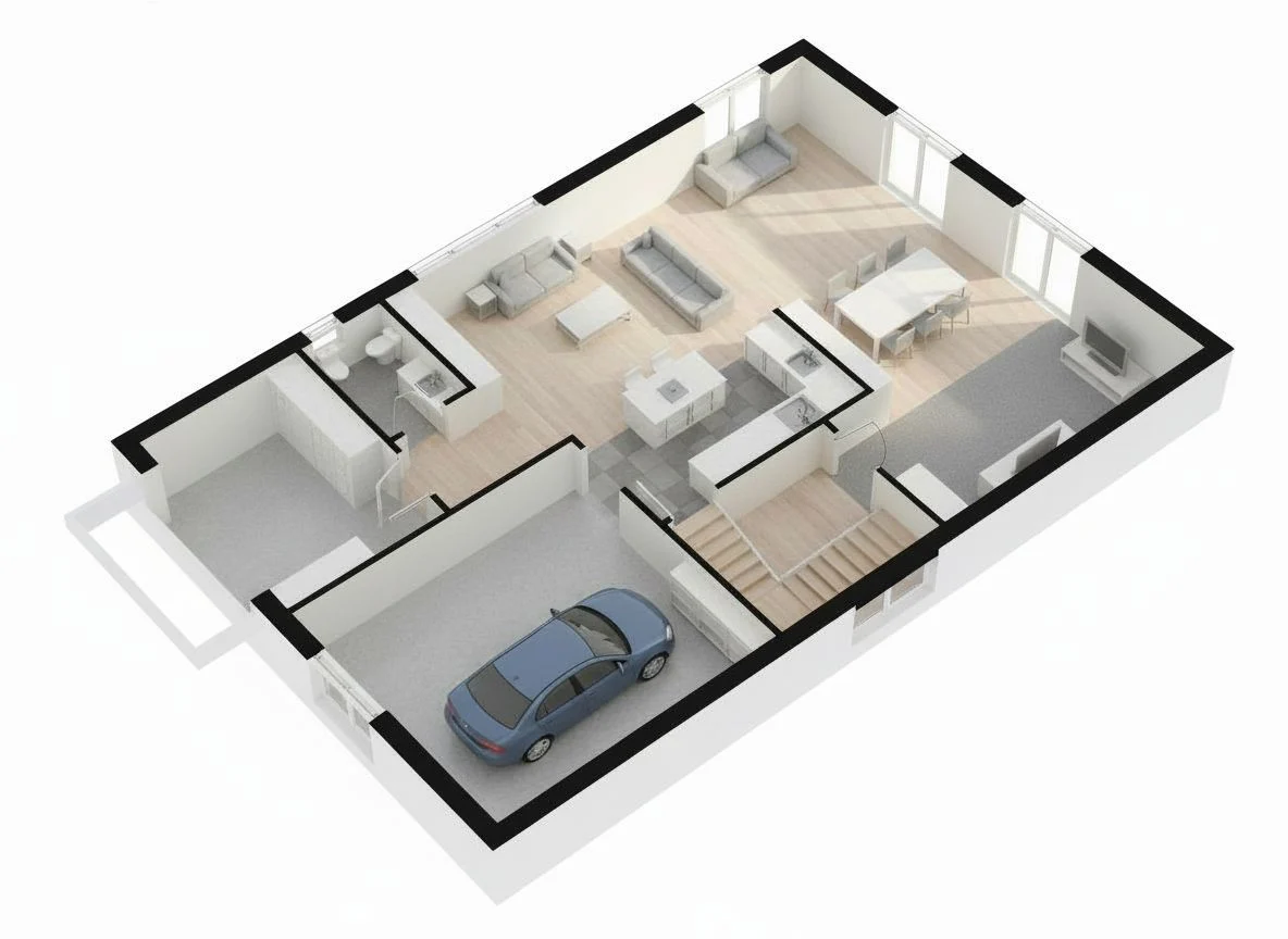 The same floor plan converted to a furnished 3D dollhouse view with HomeDesignsAI