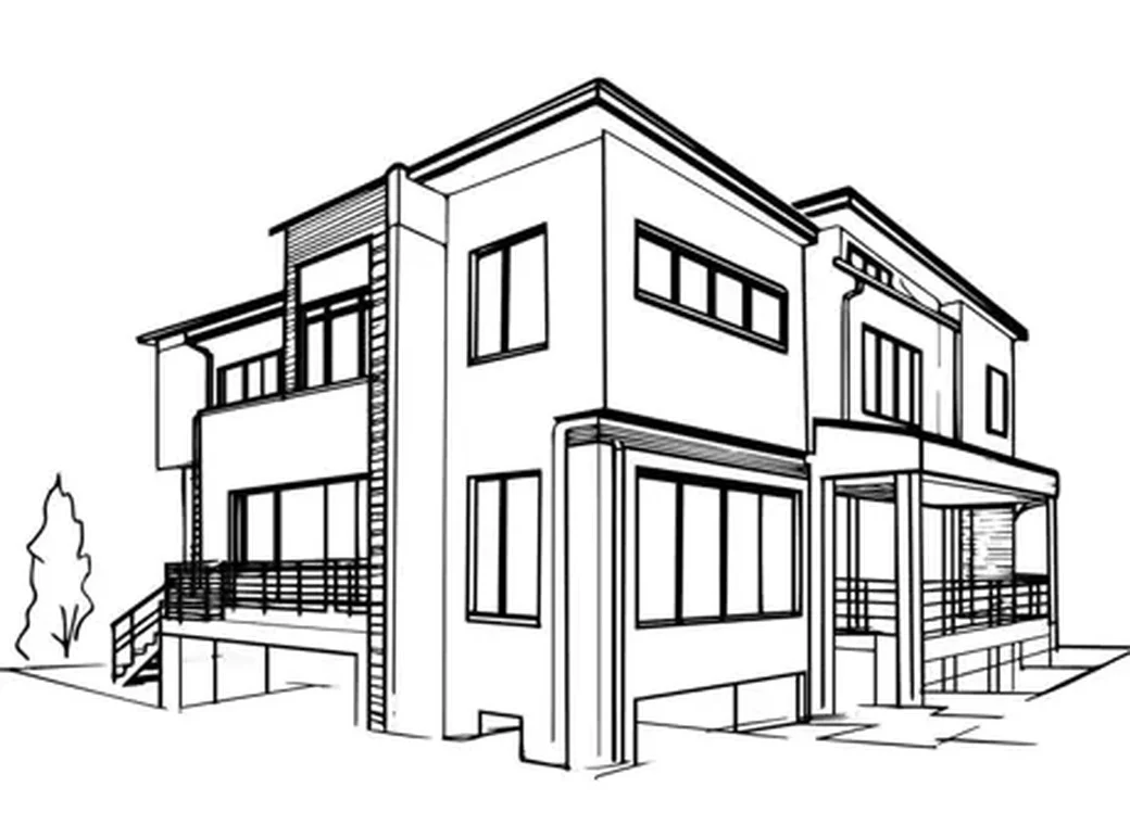 An architect's line drawing of a modern house, before rendering