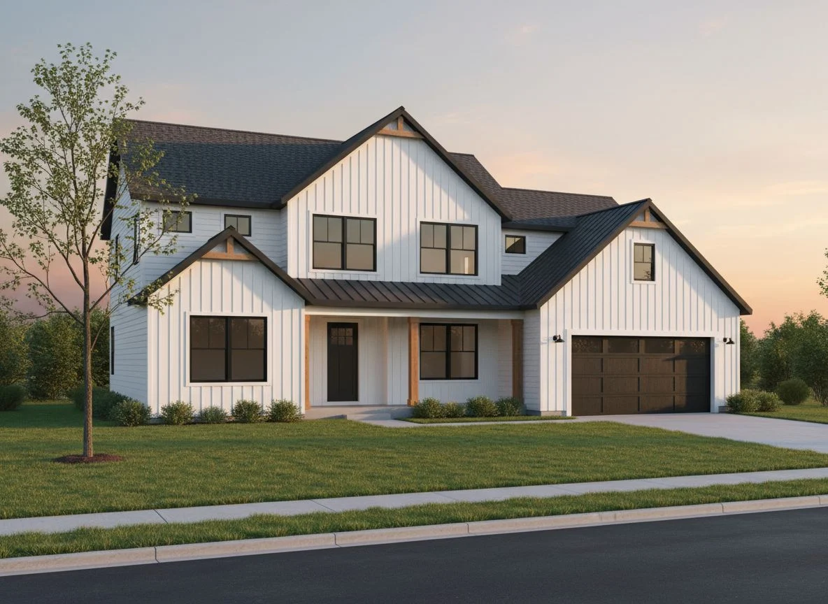 A white modern-farmhouse spec home elevation