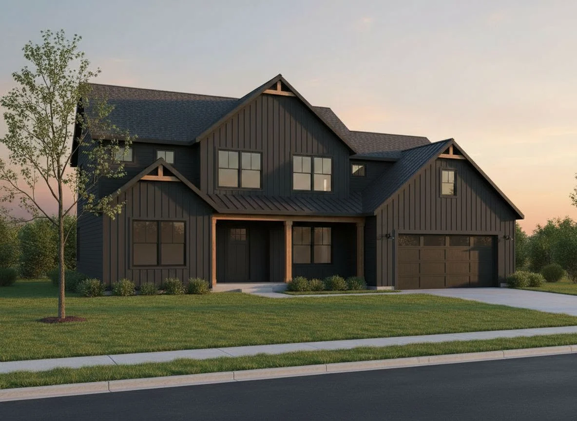 The same house rendered in the charcoal and cedar elevation option
