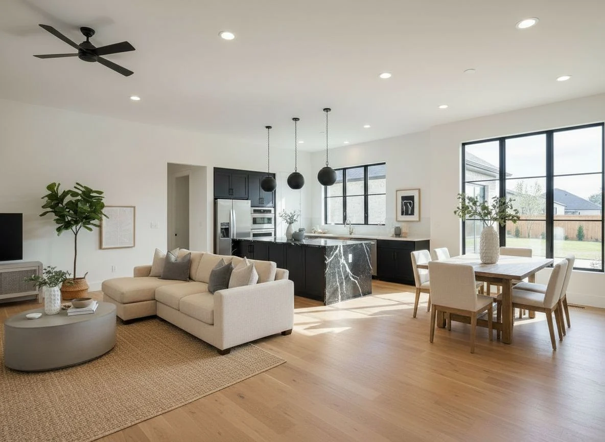 The same interior rendered in the stone and black finish package