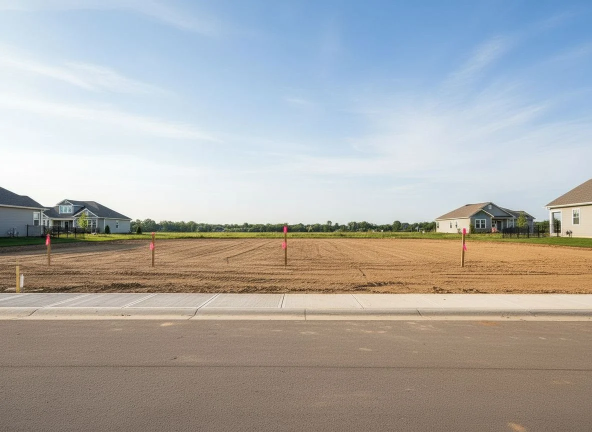An empty graded lot with survey stakes before construction