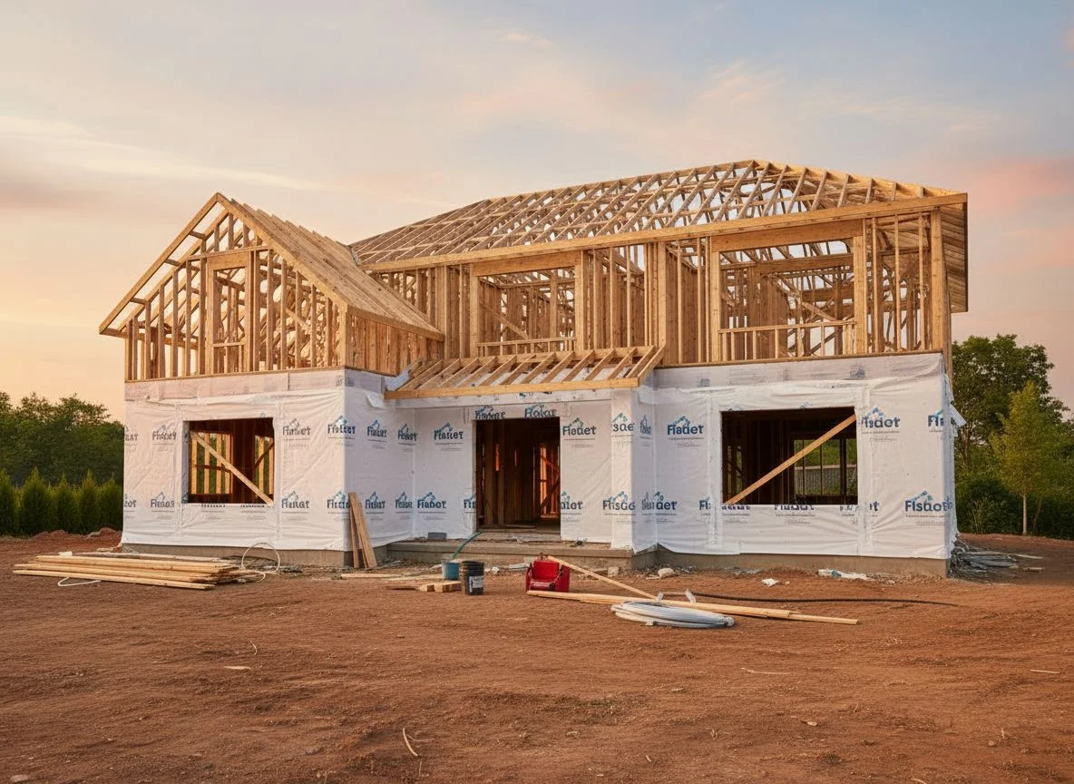 A house at framing stage with exposed studs and house wrap