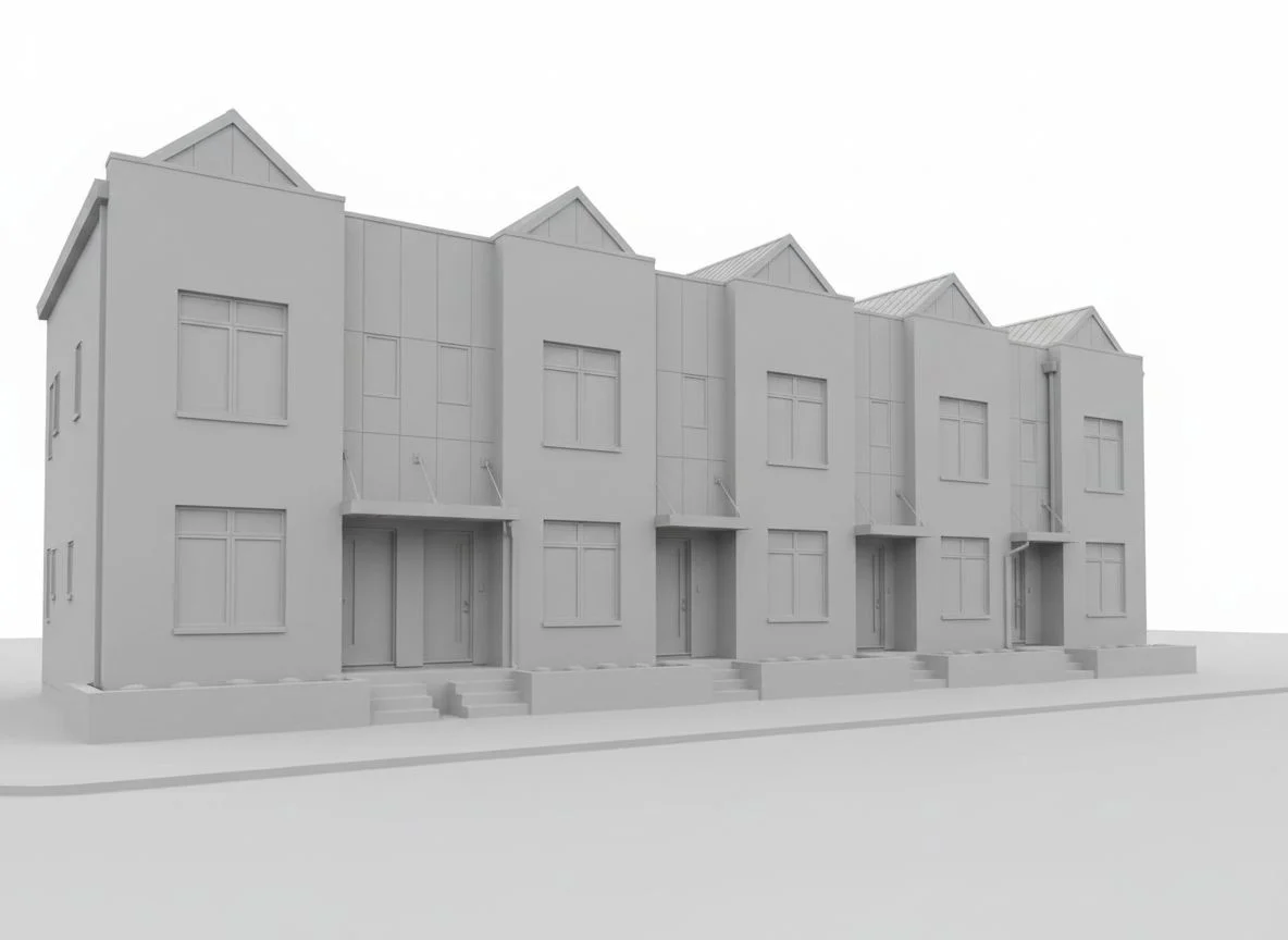 An untextured grey 3D massing model of a row of townhomes