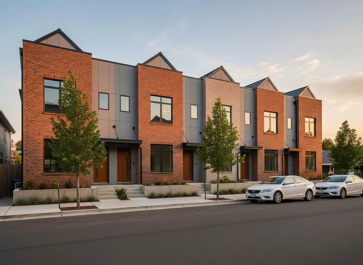 The same townhome row rendered photoreal at dusk with HomeDesignsAI