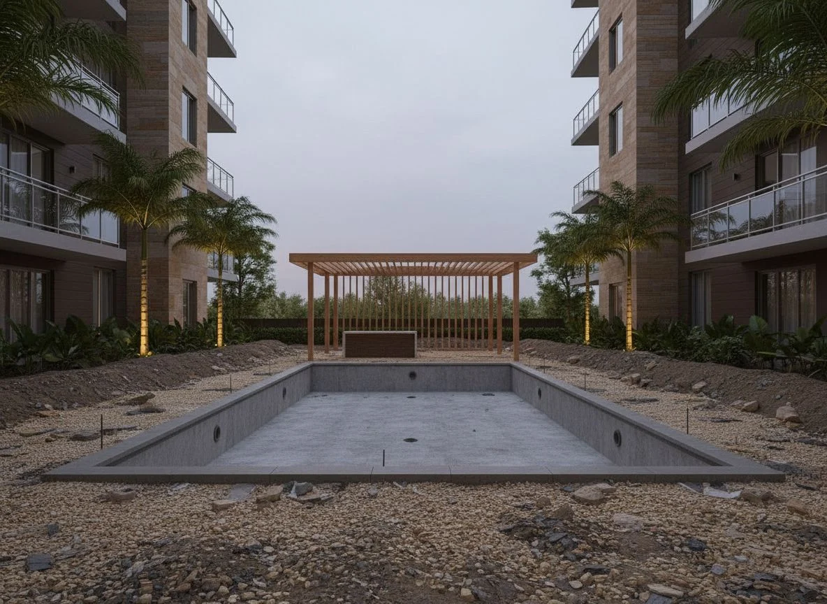 An unfinished amenity courtyard with a bare concrete pool shell