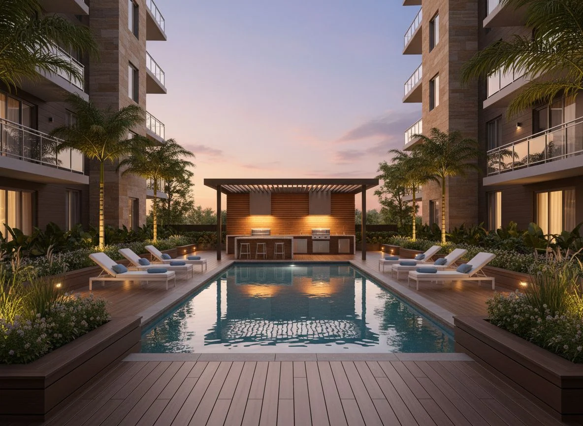 The same courtyard rendered as a finished resort-style amenity with HomeDesignsAI