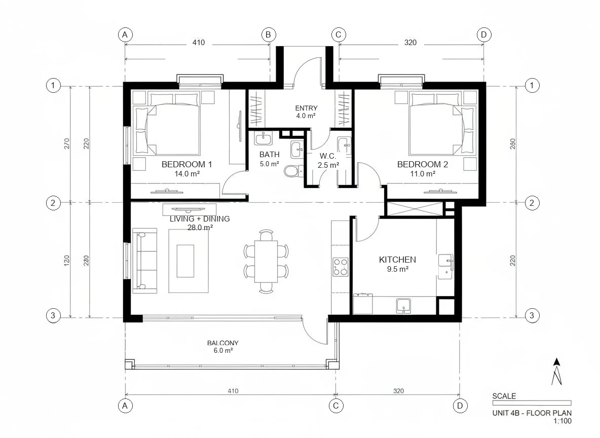 A 2D floor plan of Unit 4B with column grid and dimensions
