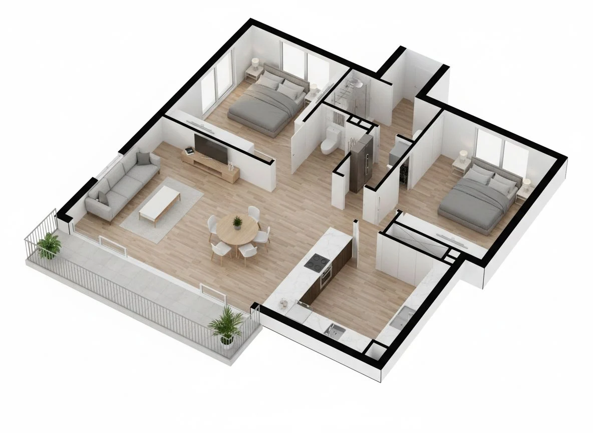 The same floor plan converted to a furnished 3D unit view with HomeDesignsAI