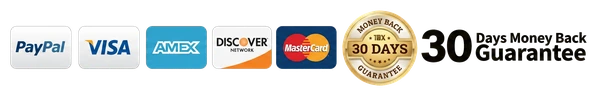 PayPal, Visa, Amex, Discover, Mastercard, 30-day money-back guarantee